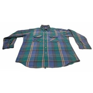 Vintage Cabelas Mens Plaid Cotton Flannel Button Long Sleeve Shirt Pockets Snaps